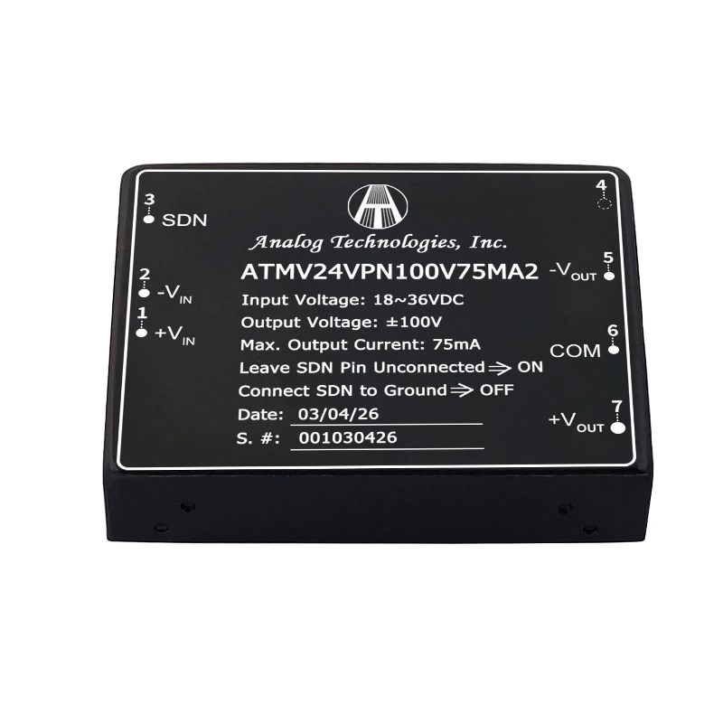 ATMV24VPN100V75MA2 – 15W Isolated DC-DC Power Module, 18V–36V Input, ±100V Dual Output, ±75mA, 1500VDC Isolation