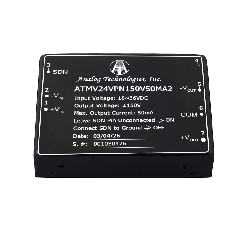ATMV24VPN150V50MA2 – 15W Isolated DC-DC Power Module, 18V–36V Input, ±150V Dual Output, ±50mA, 1500VDC Isolation